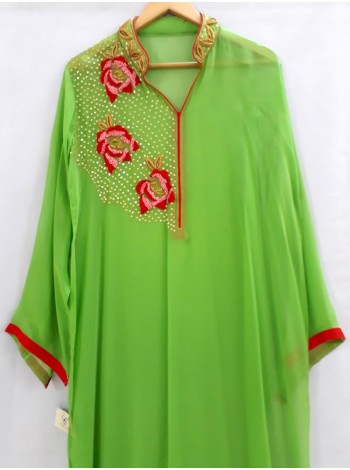 Green Cotton Silk Salwar Georgettee Kameez Chiffon Dupatta HC-1