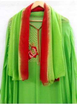 Green Cotton Silk Salwar Georgettee Kameez Chiffon Dupatta HC-1