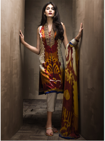 Unstitch,Branded, Women's/Girls Collections,Silk Printed Front & Back,Silk Crinkle Chiffon Dupatta and Dyed Salwar Kameez(3pcs)