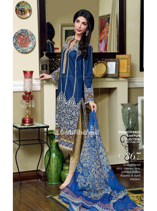 Unstitch,Branded, Women's/Girls Collections,Silk & Chiffon Embroidered Shirt,Chiffon Dupatta and Dyed Salwer Kameez(3pcs)